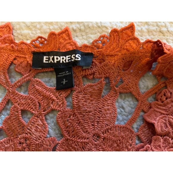 Express Blouse Small Rust Orange Crochet Lace Pleated Long Sleeve Boho Top Peasa - Picture 6 of 14